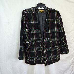 Robinson's Women Black Rainbow Plaid Long Sleeve Wool Blend Career Jacket 16 Vtg